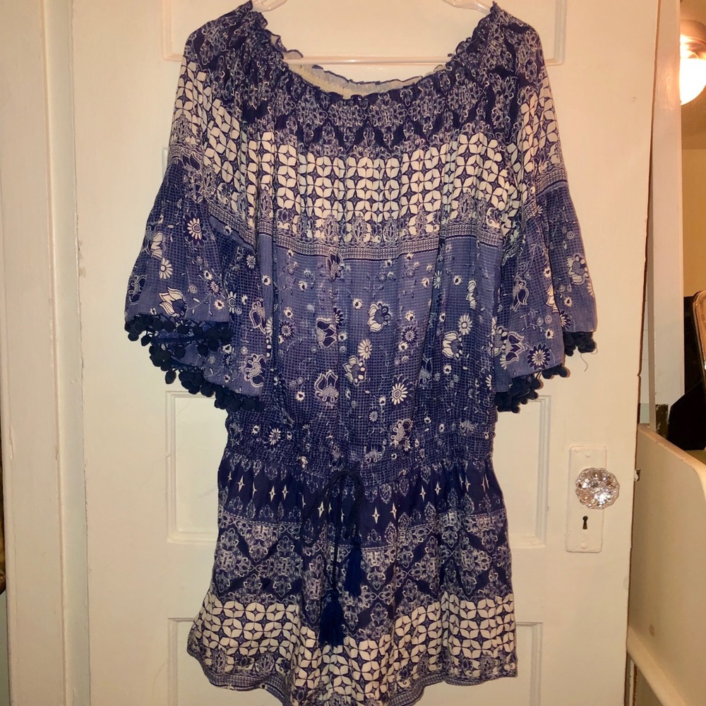 Anthropologie Off the Shoulder Pom Pom Romper